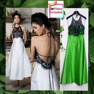 $2044‎ NEW RASARIO Midi Dress Green Black 38 SMALL Open back Strappy Lace Silk